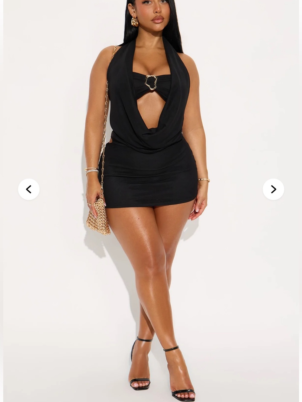 Fashion Nova Black Draped Halter Mini Dress with Buckle Accent